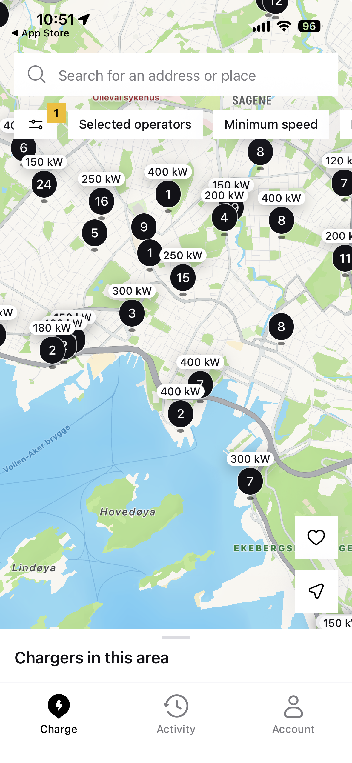 Polestar Charge app showing nearby charging points