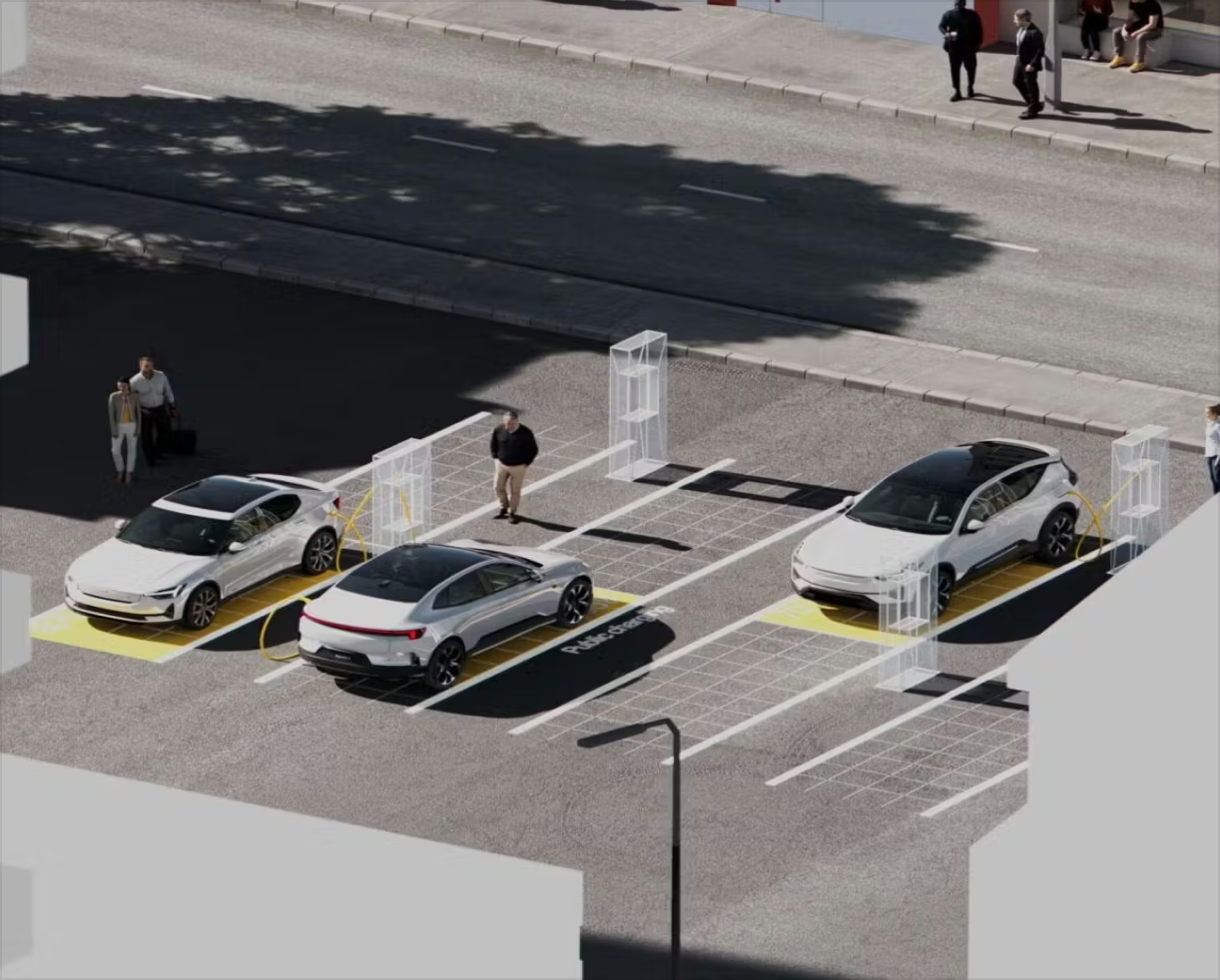 Polestar cars charging in a parking area