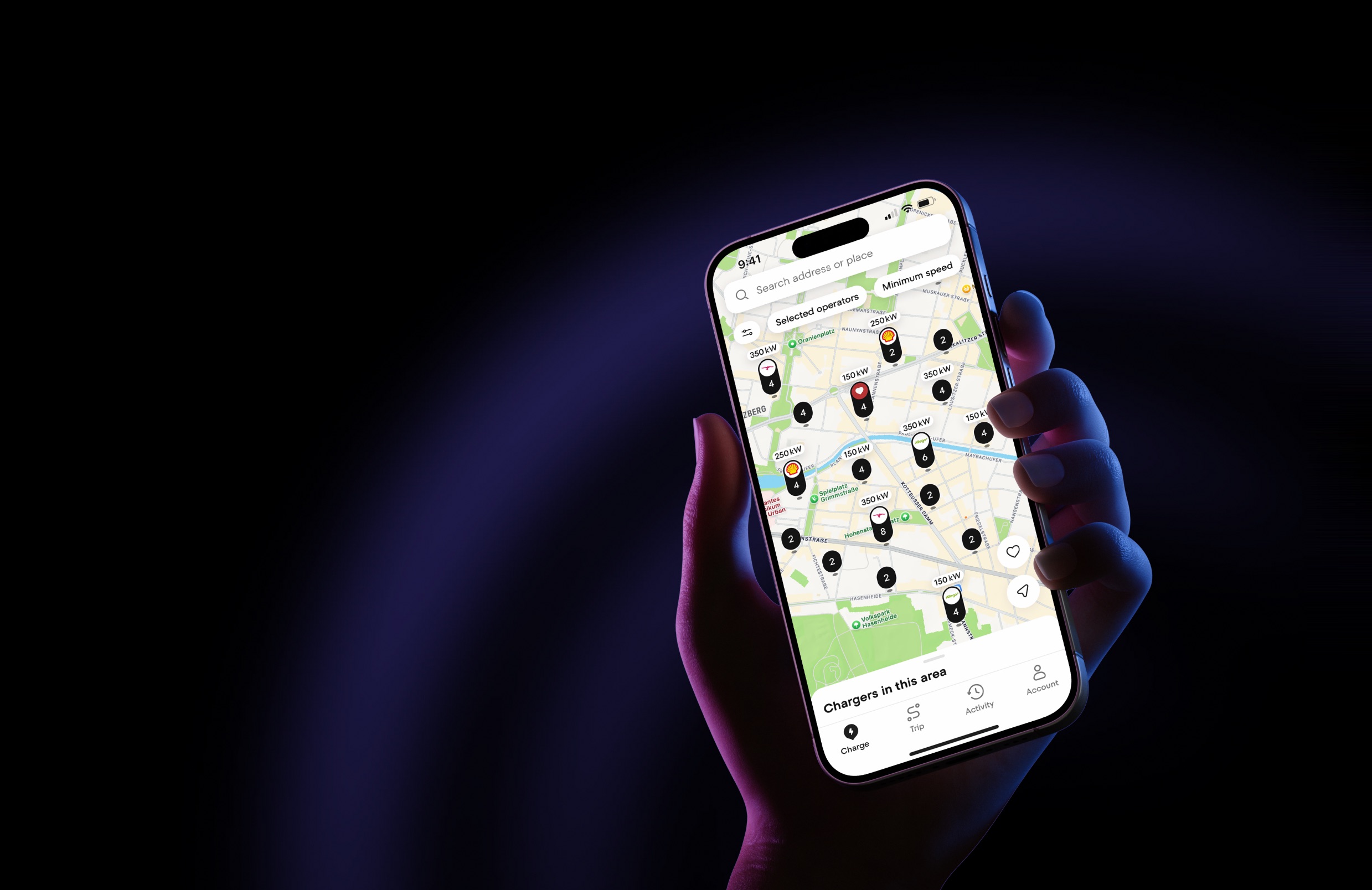 Hand holds phone with Plugsurfing app