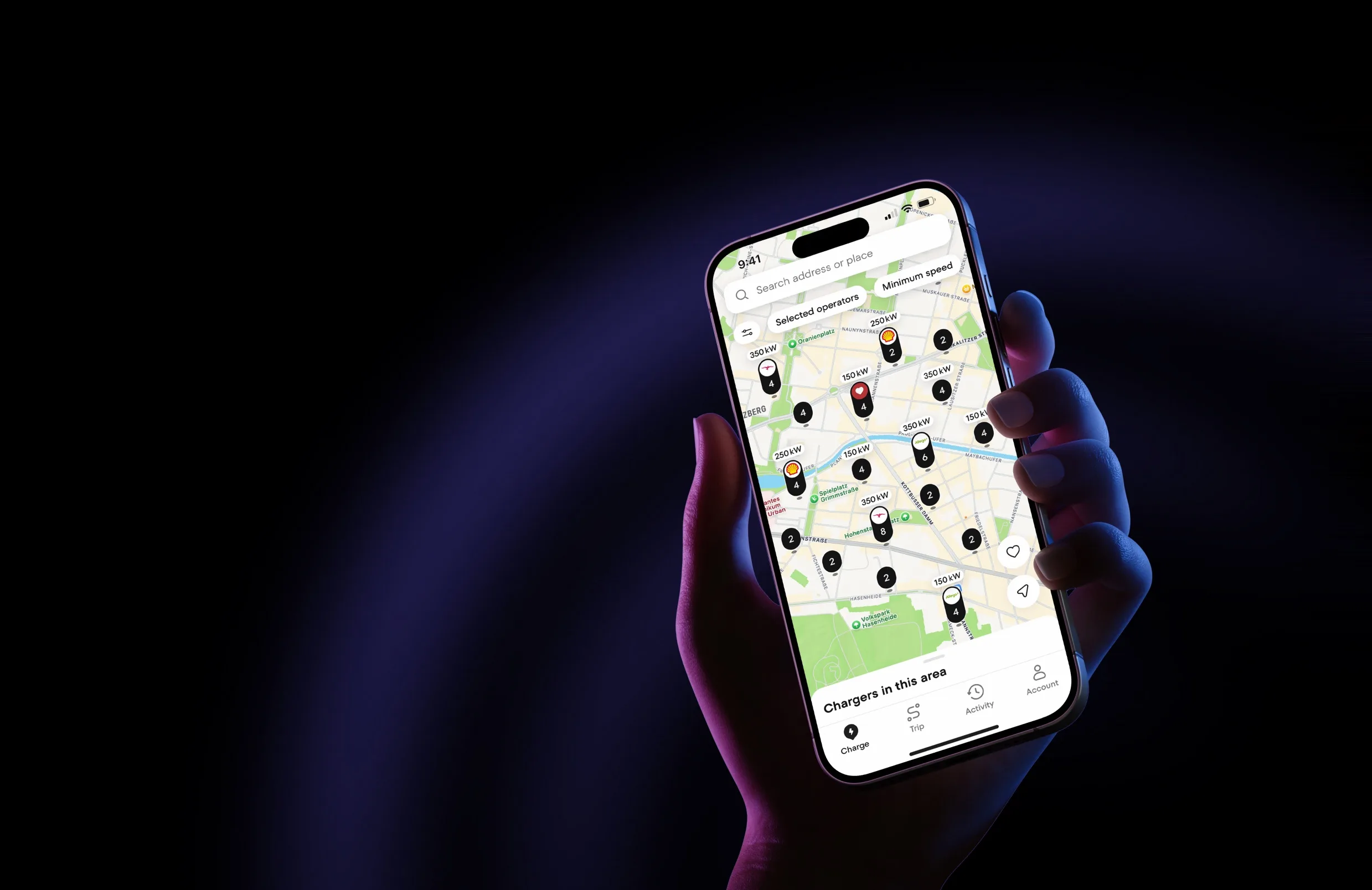 Hand holds phone with Plugsurfing app