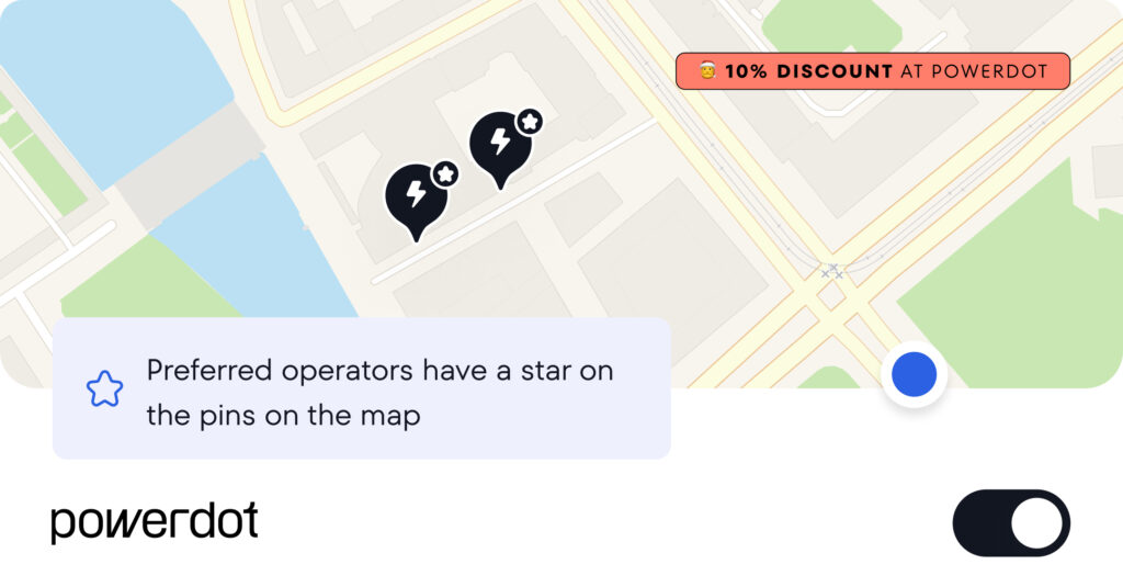 10% discount at Powerdot. Preferred operators have a star on the pins on the map.