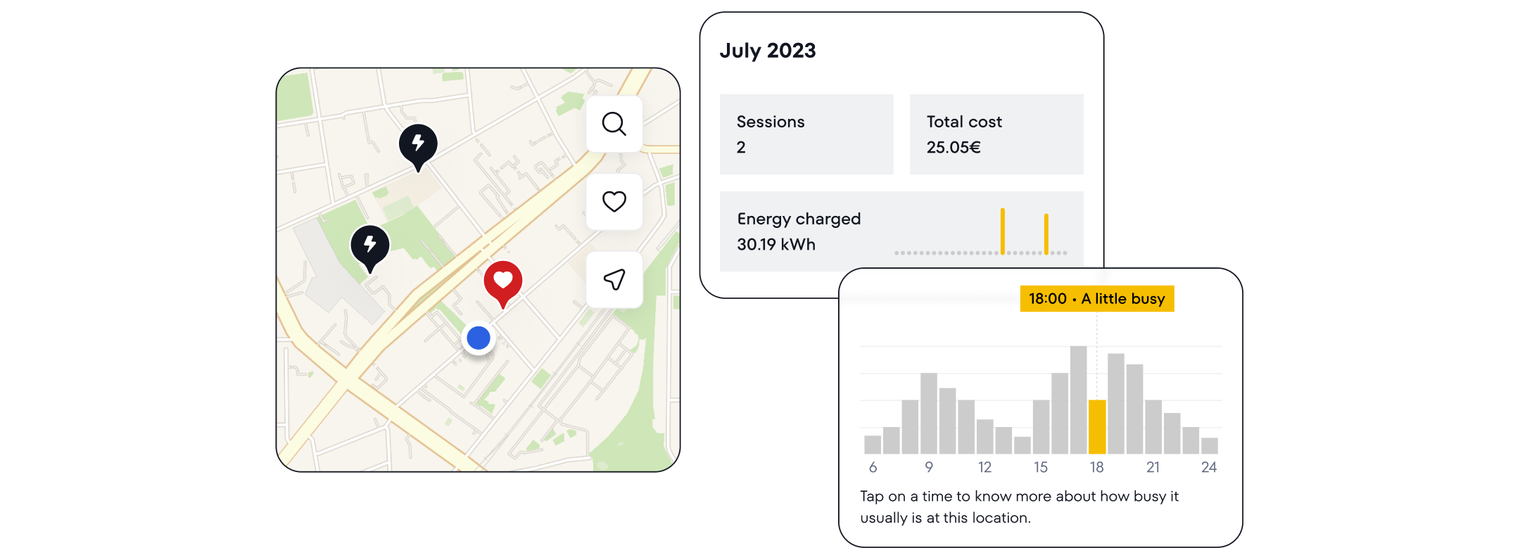 You can save your favorite chargers. They’re highlighted on the map with a heart icon. Check the Popular times to plan your charging session. See a summary of your latest charging sessions.